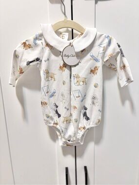 Baby Club Chic White Puppy-Print Peter Pan Collar One-Piece
